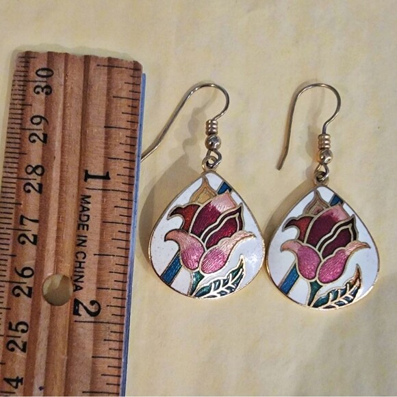 #Vintage 1984 Signed 'SG' #Cloisonne Dangle Earrings Tulip Floral 1.75" long. - Picture 4 of 5